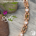 Avens Dawn 4in1 magnetic bracelet displayed on natural rocks and flowers, highlighting its style and functionality by Magnetic Mobility.