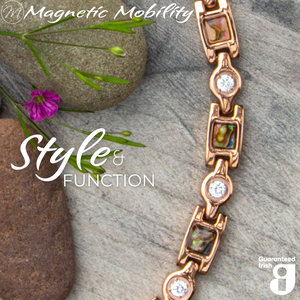 
                  
                    Load image into Gallery viewer, Avens Dawn 4in1 magnetic bracelet displayed on natural rocks and flowers, highlighting its style and functionality by Magnetic Mobility.
                  
                