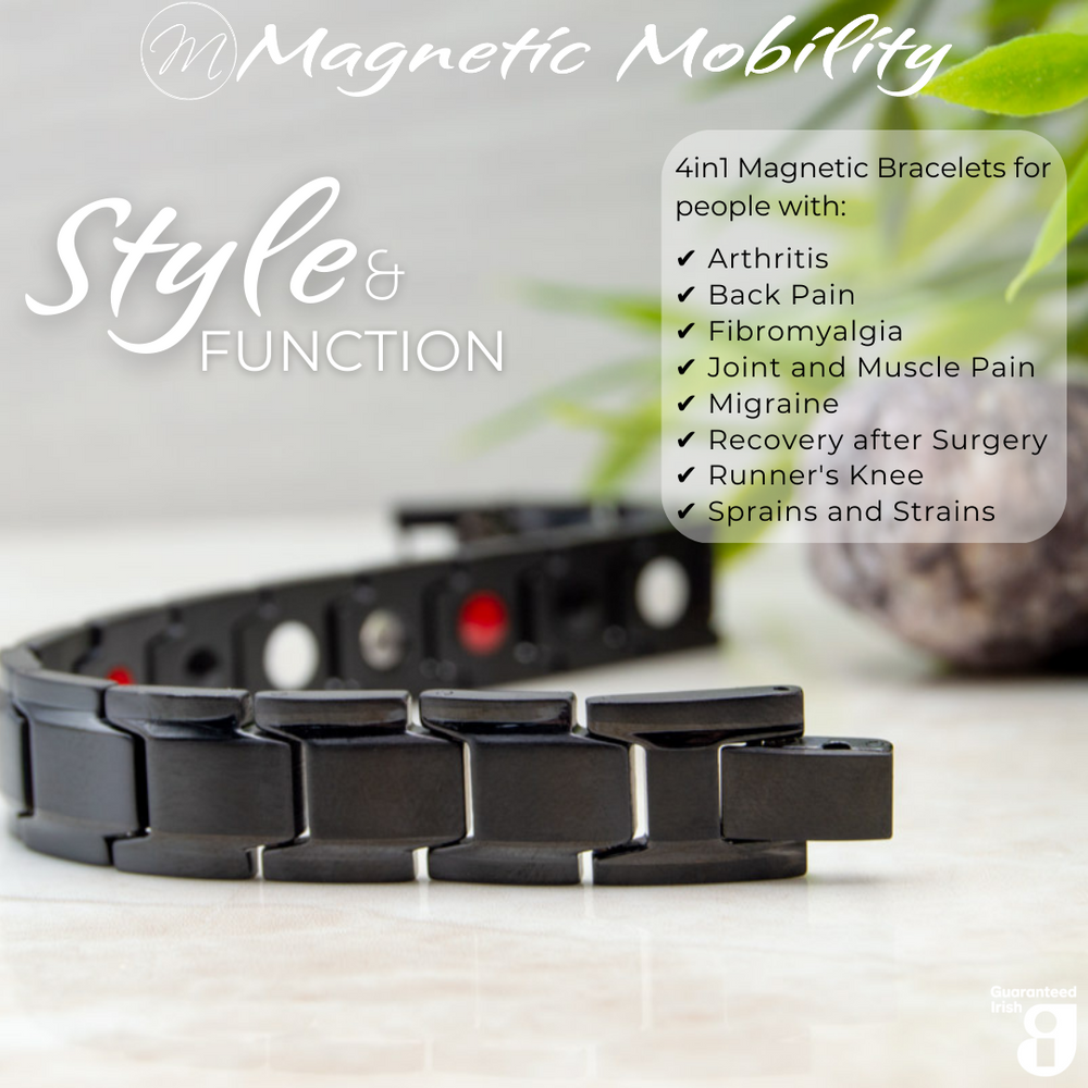 
                  
                    Load image into Gallery viewer, Close-up of Alexanders Night 4in1 magnetic bracelet by Magnetic Mobility, highlighting the black design and embedded therapeutic elements. Provides relief for arthritis, back pain, fibromyalgia, and joint and muscle pain.
                  
                