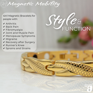 
                  
                    Load image into Gallery viewer, Close up view of the Snapdragon Sun 4in1 magnetic bracelet by Magnetic Mobility. Shown on a reflective surface with pink flowers in the background. The text says &amp;quot;Style and Function&amp;quot;
                  
                