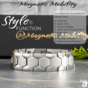 
                  
                    Load image into Gallery viewer, Front view of the Aster Star Double strength 4in1 magnetic bracelet by Magnetic Mobility, promoting arthritis, back pain, fibromyalgia relief with a stylish black design. The bracelet is shown in front of its luxury Black gift box.
                  
                