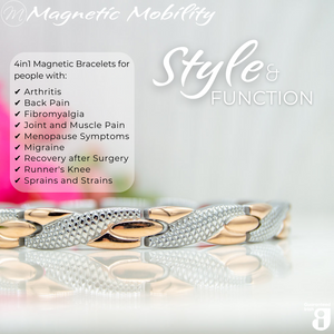 
                  
                    Load image into Gallery viewer, Snapdragon Dusk 4in1 Magnetic Bracelet from Magnetic Mobility in a rose gold and silver finish. Features an elegant, textured design and includes Neodymium Magnets, FIR elements, Germanium, and Negative Ions for therapeutic benefits. Suitable for relieving arthritis, back pain, fibromyalgia, joint and muscle pain, menopause symptoms, migraines, post-surgery recovery, runner&amp;#39;s knee, sprains, and strains.
                  
                