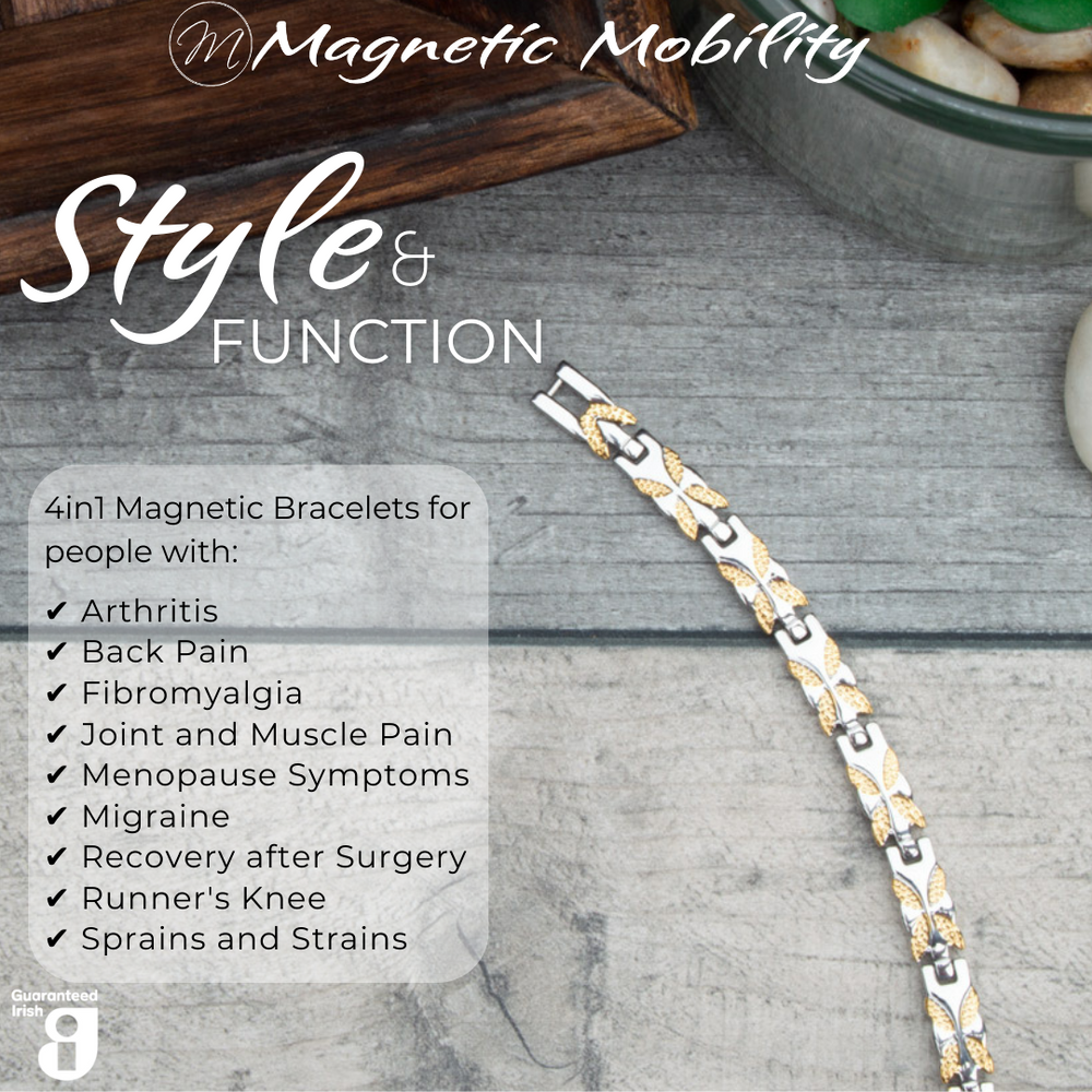 
                  
                    Load image into Gallery viewer, Top view of the Meadowsweet Moon 4in1 magnetic bracelet by Magnetic Mobility, promoting arthritis, back pain, fibromyalgia relief with a stylish silver and gold butterfly design.
                  
                