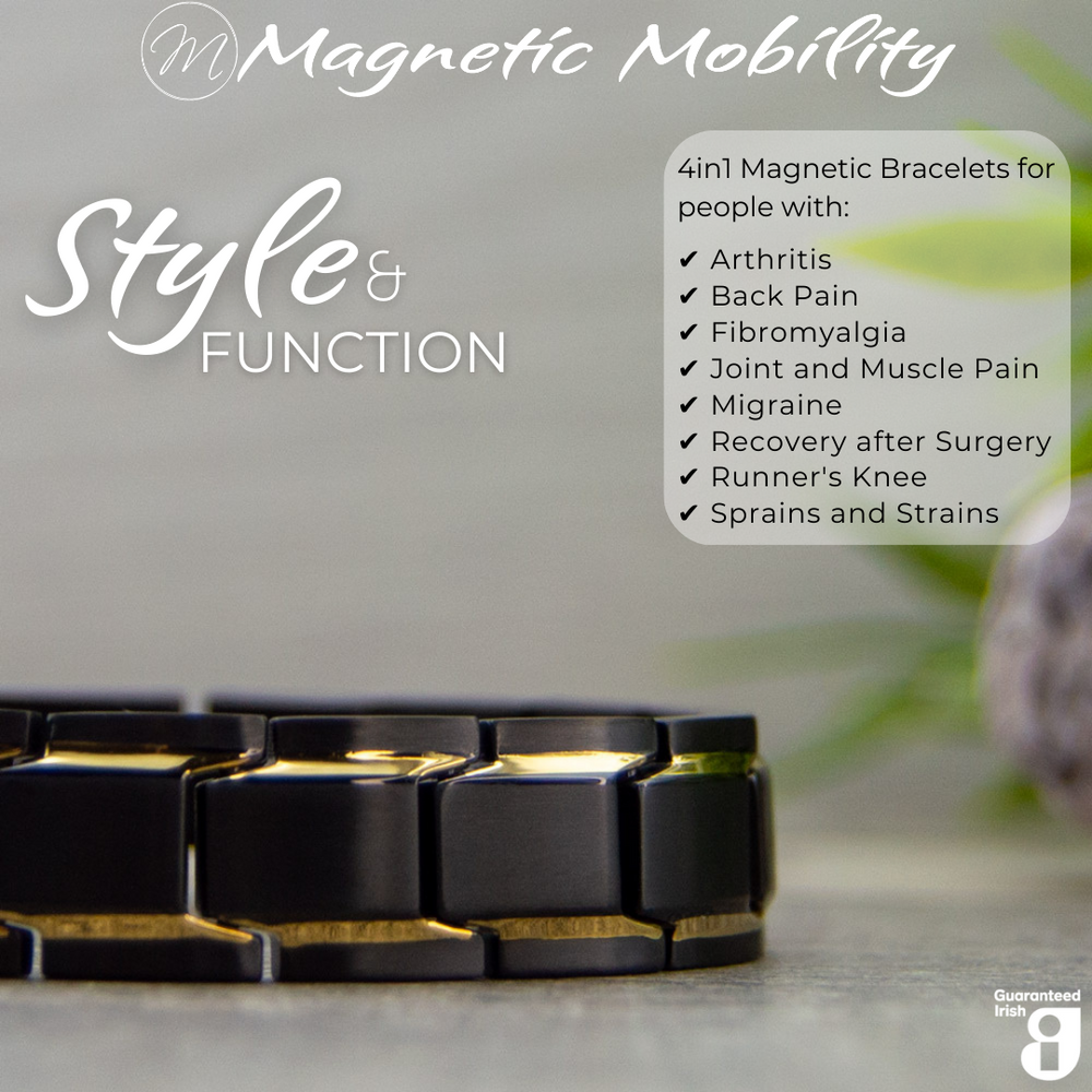 
                  
                    Load image into Gallery viewer, Close-up of Alexanders Twilight 4in1 magnetic bracelet by Magnetic Mobility, showcasing black and gold design with therapeutic benefits for arthritis and muscle pain
                  
                