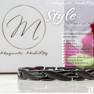 
                  
                    Load image into Gallery viewer, Close up view of the Snapdragon Night 4in1 magnetic bracelet by Magnetic Mobility. Shown on a reflective surface with pink flowers in the background. The text says &amp;quot;Style and Function&amp;quot;
                  
                