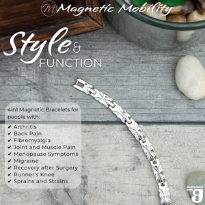 
                  
                    Load image into Gallery viewer, Top view of the Meadowsweet Star 4in1 magnetic bracelet by Magnetic Mobility, promoting arthritis, back pain, fibromyalgia relief with a stylish silver butterfly design. 
                  
                