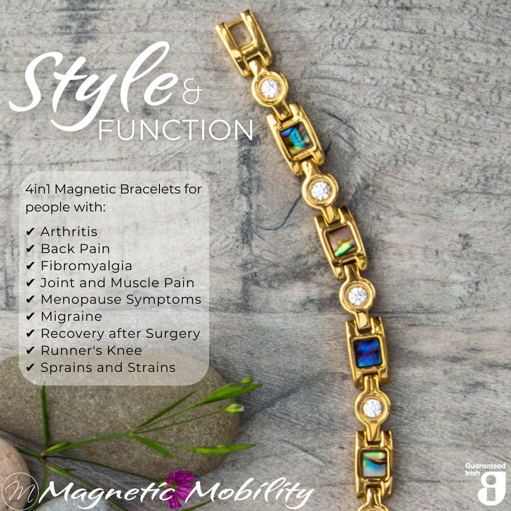 
                  
                    Load image into Gallery viewer, Top view of the Avens Sun 4in1 Magnetic bracelet from Magnetic Mobility in a gift box. Image shows the bracelet on a wooden surface. The iridescent designs of the gold stainless steel link magnetic bracelet are visable
                  
                