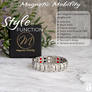 
                  
                    Load image into Gallery viewer, Front view of the Ashe Star Double strength 4in1 magnetic bracelet by Magnetic Mobility, promoting arthritis, back pain, fibromyalgia relief with a stylish black design. The bracelet is shown in front of its luxury Black gift box and flowers.
                  
                