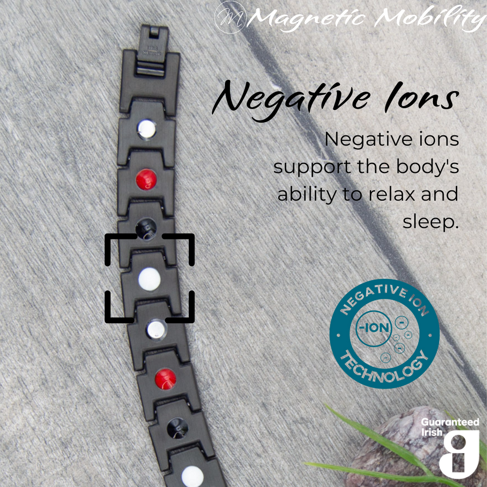 
                  
                    Load image into Gallery viewer, Alexanders Night 4in1 magnetic bracelet by Magnetic Mobility, highlighting the negative ions feature which supports the body&amp;#39;s ability to relax and sleep. Ideal for reducing stress and promoting better health.
                  
                