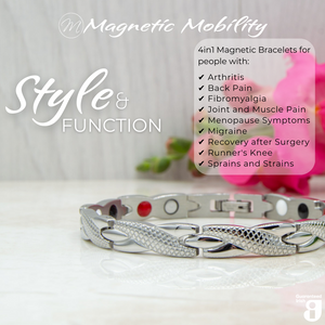 
                  
                    Load image into Gallery viewer, Close up view of the Snapdragon Star 4in1 magnetic bracelet by Magnetic Mobility. Shown on a reflective surface with pink flowers in the background. The text says &amp;quot;Style and Function&amp;quot;
                  
                