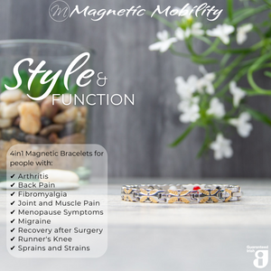 
                  
                    Load image into Gallery viewer, Front view of the Meadowsweet Moon 4in1 magnetic bracelet by Magnetic Mobility, promoting arthritis, back pain, fibromyalgia relief with a stylish silver and gold butterfly design. The bracelet is shown in front of delicate white flowers.
                  
                