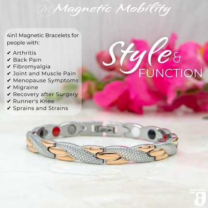 45 degree view of the Snapdragon Dusk 4in1 Magnetic Bracelet from Magnetic Mobility showing the 4in1 elements in the back of the bracelet. The bracelet is on a reflective surface with pink flowers. 