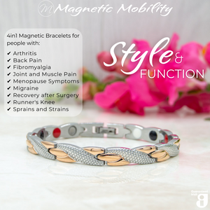 
                  
                    Load image into Gallery viewer, 45 degree view of the Snapdragon Dusk 4in1 Magnetic Bracelet from Magnetic Mobility showing the 4in1 elements in the back of the bracelet. The bracelet is on a reflective surface with pink flowers. 
                  
                