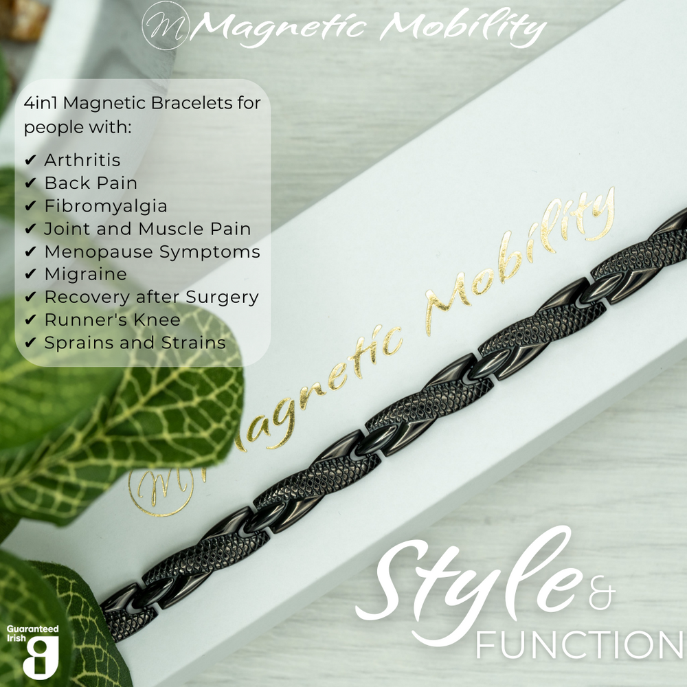 
                  
                    Load image into Gallery viewer, Top view of the Snapdragon night  4in1 Magnetic bracelet from Magnetic Mobility on a white gift box. The bracelet is designed for people with arthritis, back pain, fibromyalgia, joint and muscle pain, menopause symptoms, migraine and more. 
                  
                