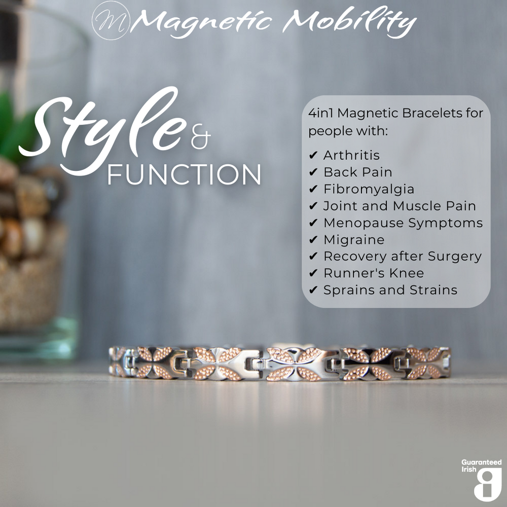 
                  
                    Load image into Gallery viewer, Front view of the Meadowsweet Dusk 4in1 magnetic bracelet by Magnetic Mobility, promoting arthritis, back pain, fibromyalgia relief with a stylish silver and rose gold butterfly design.
                  
                