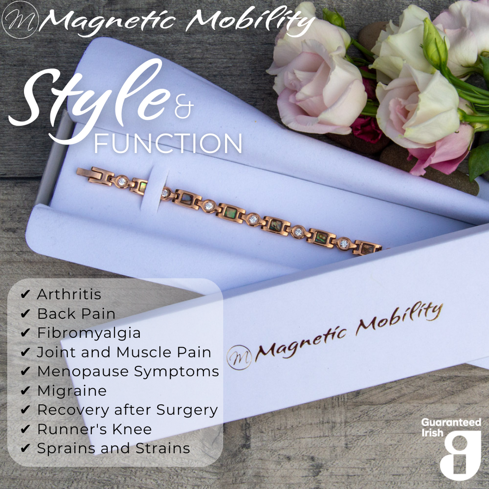 
                  
                    Load image into Gallery viewer, Elegant Avens Dawn 4in1 magnetic bracelet in a gift box, designed for arthritis, back pain, fibromyalgia relief by Magnetic Mobility.
                  
                