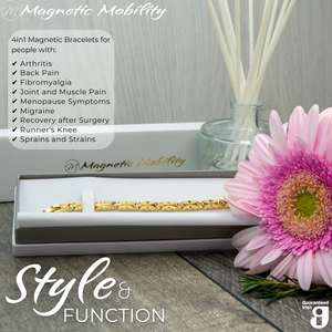 
                  
                    Load image into Gallery viewer, Meadowsweet Sun 4in1 Magnetic Bracelet with a delicate butterfly design, boxed with a flower, highlighting style and pain relief benefits.
                  
                