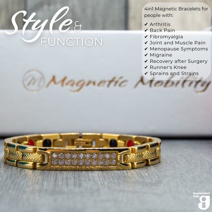 Front view of the central panel with sparkling crystals of the Honesty  Sun 4in1 Magnetic Bracelet from Magnetic Mobility in gold finish. Written on the image is "4in1 Magnetic Bracelets for people with : Arthritis, Back pain, Fibromyalgia, Joint and Muscle pain, Menopause symptoms, Migraine, Recovery after surgery, runners knee, sprains and strains".