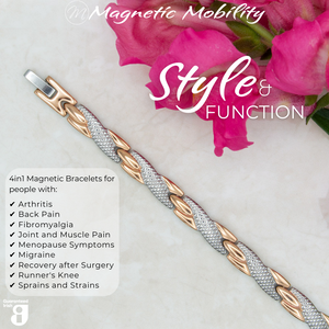 
                  
                    Load image into Gallery viewer, Top view of the Snapdragon dusk 4in1 magnetic bracelet by Magnetic Mobility, promoting arthritis, back pain, fibromyalgia relief with a stylish silver and gold design.
                  
                