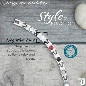 
                  
                    Load image into Gallery viewer, Meadowsweet Star 4in1 magnetic bracelet by Magnetic Mobility, highlighting the negative ions feature which supports the body&amp;#39;s ability to relax and sleep. Ideal for reducing stress and promoting better health.
                  
                