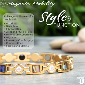 
                  
                    Load image into Gallery viewer, Avens Sun 4in1 Magnetic Bracelet from Magnetic Mobility on a women&amp;#39;s wrist with a 5 star customer review from Trustpilot reading &amp;quot; Beautiful products, my bracelet has helped with pain and I&amp;#39;m sleeping better&amp;quot;. 
                  
                