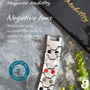 
                  
                    Load image into Gallery viewer, Aster Star Double strength 4in1 magnetic bracelet by Magnetic Mobility, highlighting the negative ions feature which supports the body&amp;#39;s ability to relax and sleep. Ideal for reducing stress and promoting better health.
                  
                