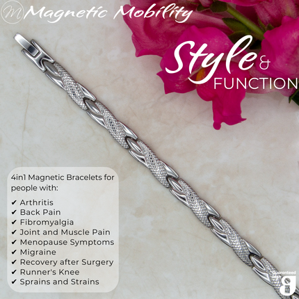 Top view of the Snapdragon Star 4in1 Magnetic bracelet from Magnetic Mobility on a reflective surface. I The bracelet is designed for people with arthritis, back pain, fibromyalgia, joint and muscle pain, menopause symptoms, migraine and more.
