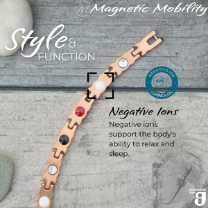 
                  
                    Load image into Gallery viewer, Meadowsweet Dawn 4in1 magnetic bracelet by Magnetic Mobility, highlighting the negative ions feature which supports the body&amp;#39;s ability to relax and sleep. Ideal for reducing stress and promoting better health.
                  
                