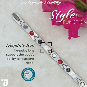 
                  
                    Load image into Gallery viewer, Snapdragon 4in1 magnetic bracelet by Magnetic Mobility, highlighting the negative ions feature which supports the body&amp;#39;s ability to relax and sleep. Ideal for reducing stress and promoting better health.
                  
                