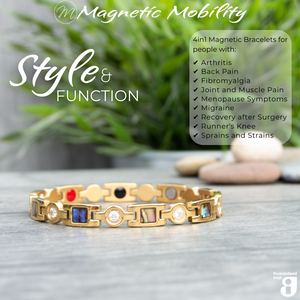 
                  
                    Load image into Gallery viewer, 4in1 magnetic bracelet Avens Sun by Magnetic Mobility, featuring a sleek gold design with embedded abalone and crystal accents.The bracelet is designed for people with arthritis, back pain, fibromyalgia, joint and muscle pain, menopause symptoms, migraine and more.
                  
                