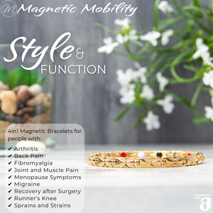 
                  
                    Load image into Gallery viewer, Meadowsweet Sun 4in1 Magnetic Bracelet, gold coloured bracelet with butterfly designs, designed for pain relief, featuring various therapeutic elements
                  
                