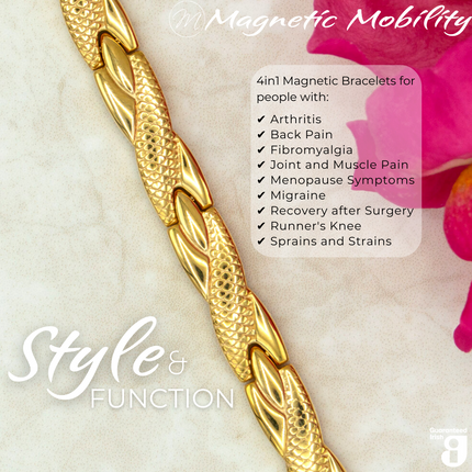 Close-up of of the Snapdragon Sun 4in1 Magnetic bracelet from Magnetic Mobility on a reflective surface