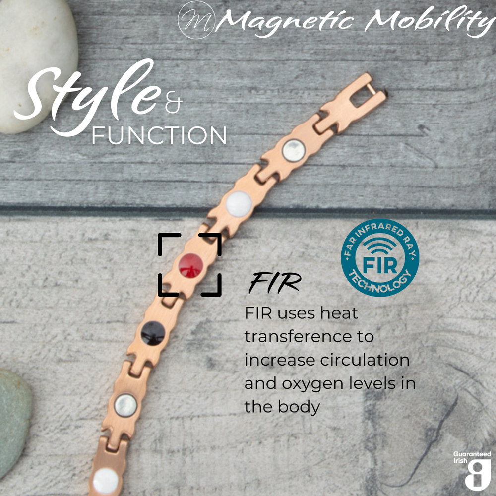 
                  
                    Load image into Gallery viewer, Meadowsweet Dawn 4in1 magnetic bracelet from Magnetic Mobility, showcasing FIR technology which uses heat transference to increase circulation and oxygen levels in the body. Enhances overall wellness and pain relief.
                  
                