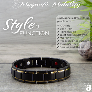 
                  
                    Load image into Gallery viewer, Detailed view of Alexanders Twilight 4in1 magnetic bracelet by Magnetic Mobility, featuring black and gold links, effective for joint and muscle pain relief
                  
                