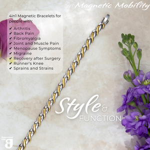 
                  
                    Load image into Gallery viewer, Top view of the Virginia moon 4in1 Magnetic Bracelet from Magnetic Mobility. Features and intricate Silver and Gold twist with the 4in1 elements hidden in the back. Perfect for people with arthritis, back pain, fibromyalgia, joint and muscle pain, menopause symptoms, migraine and more. The bracelet is shown on a reflective surface with purple flowers beside it Writing states &amp;quot;Style and Function&amp;quot;.
                  
                