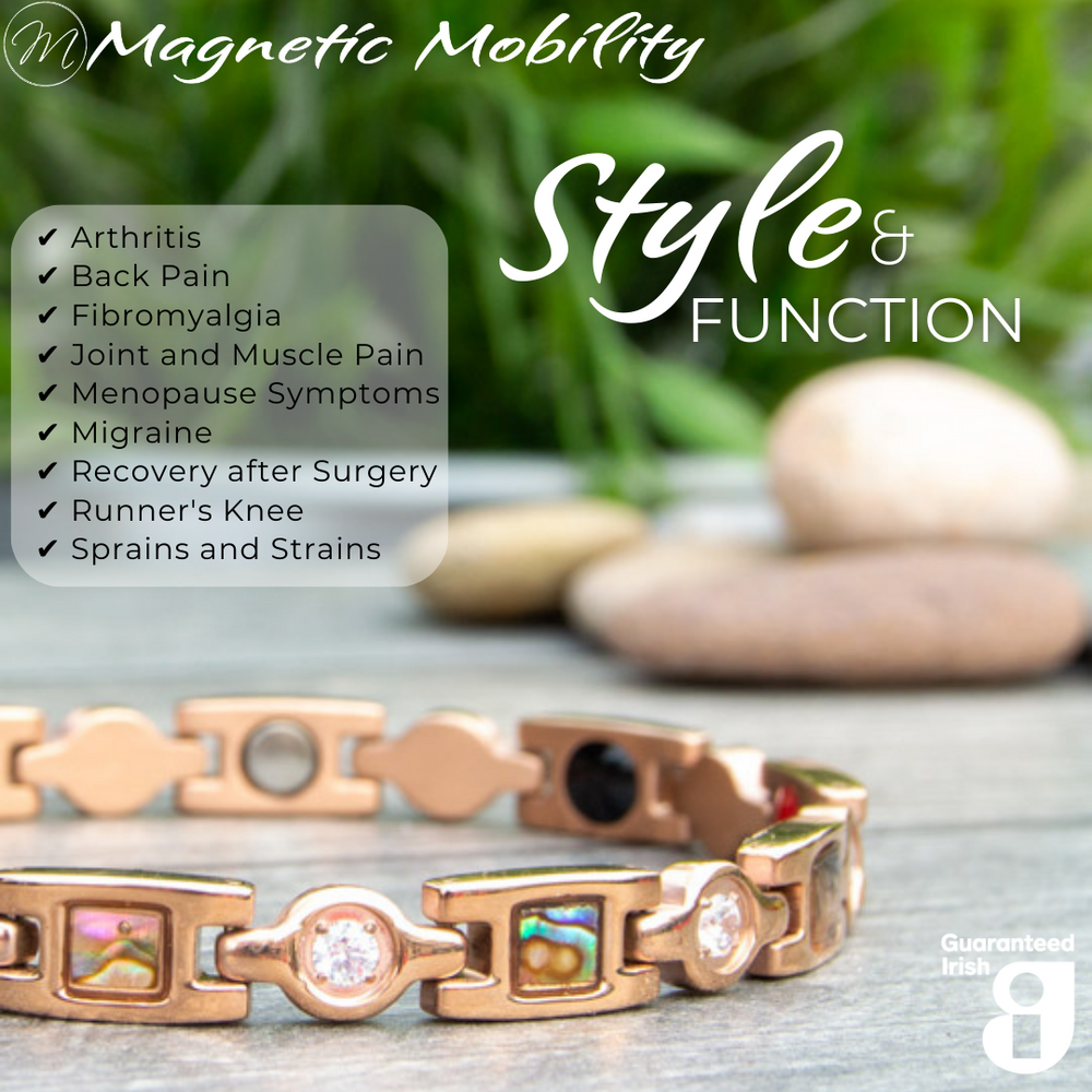 
                  
                    Load image into Gallery viewer, Close-up of Avens Dawn 4in1 magnetic bracelet by Magnetic Mobility, showcasing its stylish design and health benefits for joint and muscle pain.
                  
                