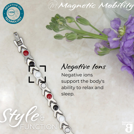 Virginia moon 4in1 magnetic bracelet by Magnetic Mobility, highlighting the negative ions feature which supports the body's ability to relax and sleep. Ideal for reducing stress and promoting better health.