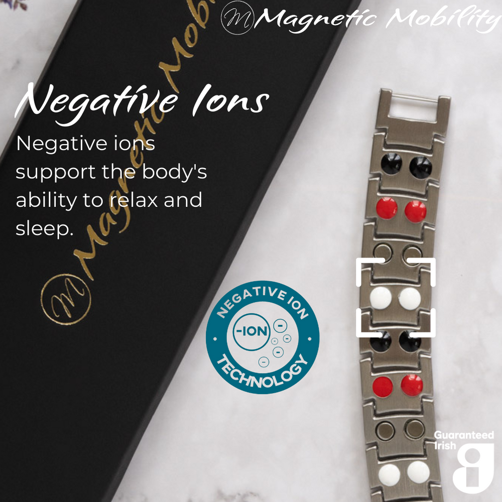 
                  
                    Load image into Gallery viewer, Ashe Star Double strength 4in1 magnetic bracelet by Magnetic Mobility, highlighting the negative ions feature which supports the body&amp;#39;s ability to relax and sleep. Ideal for reducing stress and promoting better health.
                  
                