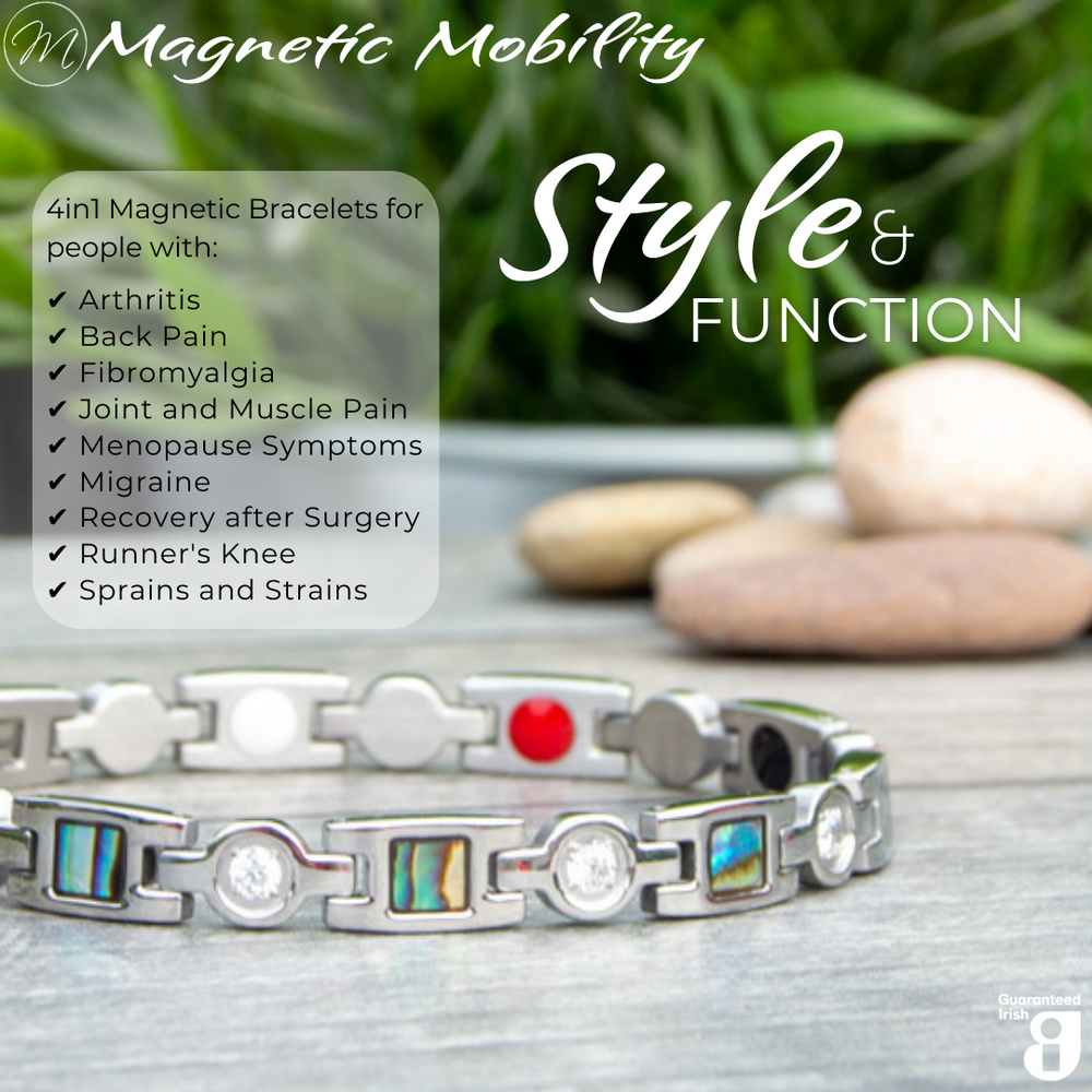 
                  
                    Load image into Gallery viewer, Avens Star 4in1 magnetic bracelet from Magnetic Mobility on display with rocks and grass background. Promotes style and function with neodymium magnets, FIR elements, germanium, and negative ions. Alleviates arthritis, back pain, fibromyalgia, joint and muscle pain, menopause symptoms, migraine, recovery after surgery, runner&amp;#39;s knee, sprains and strains.
                  
                