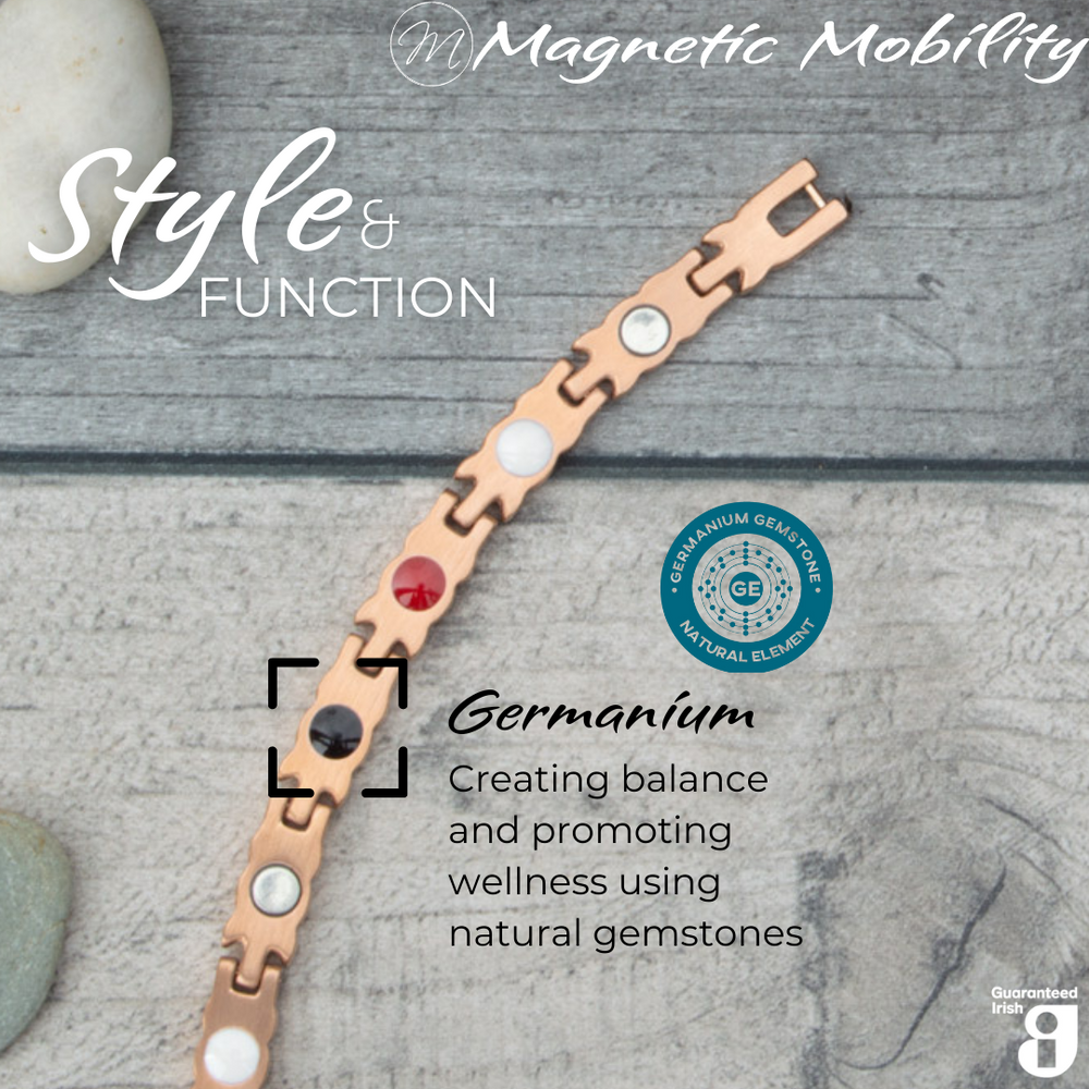 
                  
                    Load image into Gallery viewer, Meadowsweet Dawn 4in1 magnetic bracelet by Magnetic Mobility, featuring germanium elements that promote balance and wellness using natural gemstones. Ideal for enhancing health and relieving various ailments.
                  
                