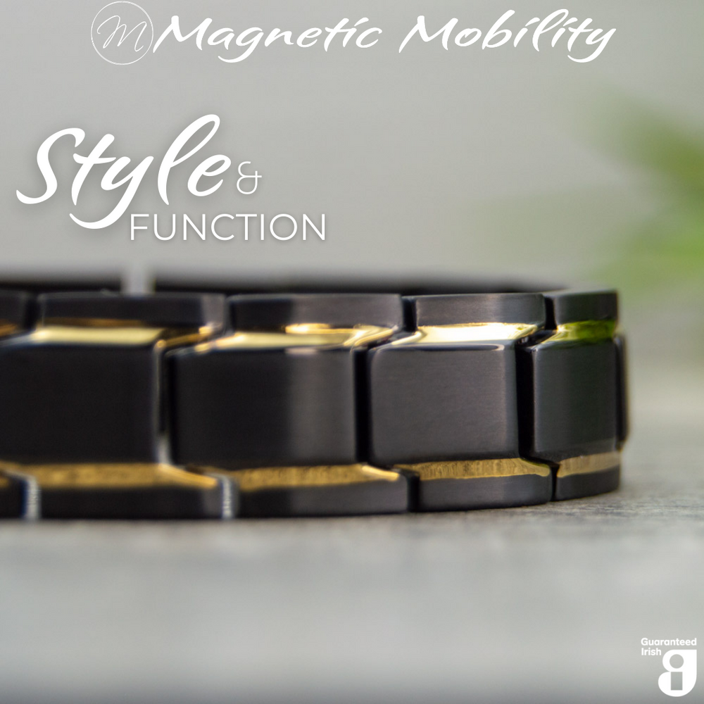 
                  
                    Load image into Gallery viewer, Alexanders Twilight 4in1 magnetic bracelet with black and gold elements, from Magnetic Mobility, designed to alleviate arthritis and back pain
                  
                