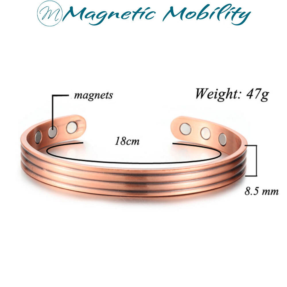 
                  
                    Load image into Gallery viewer, Front view of the Heath Copper bracelet from Magentic Mobility shoing the size and dimensions of the bracelets. The bracelet measures 18cm and 8.5cm thickness. Image points to the neodynimum magnets. The bracelet weights 47g. 
                  
                