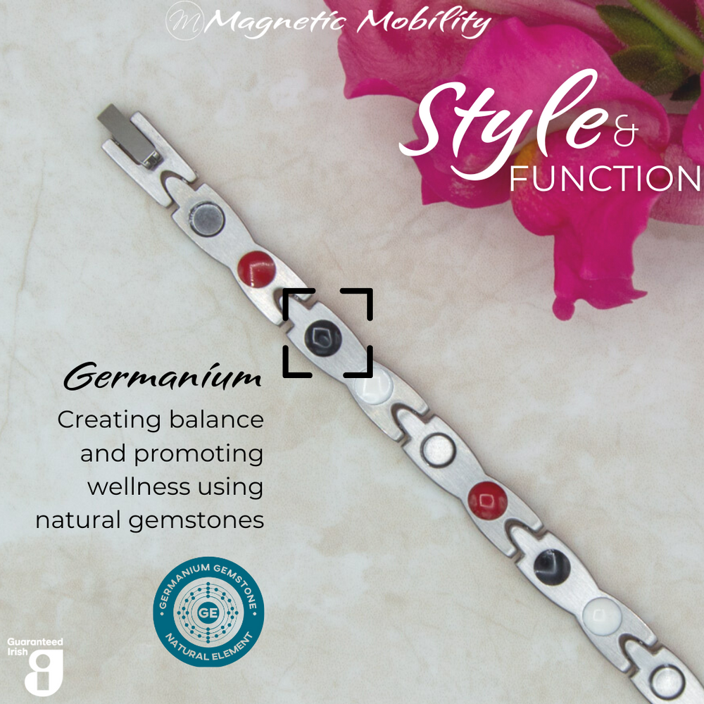 
                  
                    Load image into Gallery viewer, Snapdragon Moon 4in1 magnetic bracelet by Magnetic Mobility, featuring germanium elements that promote balance and wellness using natural gemstones. Ideal for enhancing health and relieving various ailments.
                  
                