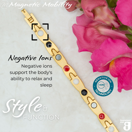 Snapdragon Sun 4in1 magnetic bracelet by Magnetic Mobility, highlighting the negative ions feature which supports the body's ability to relax and sleep. Ideal for reducing stress and promoting better health.