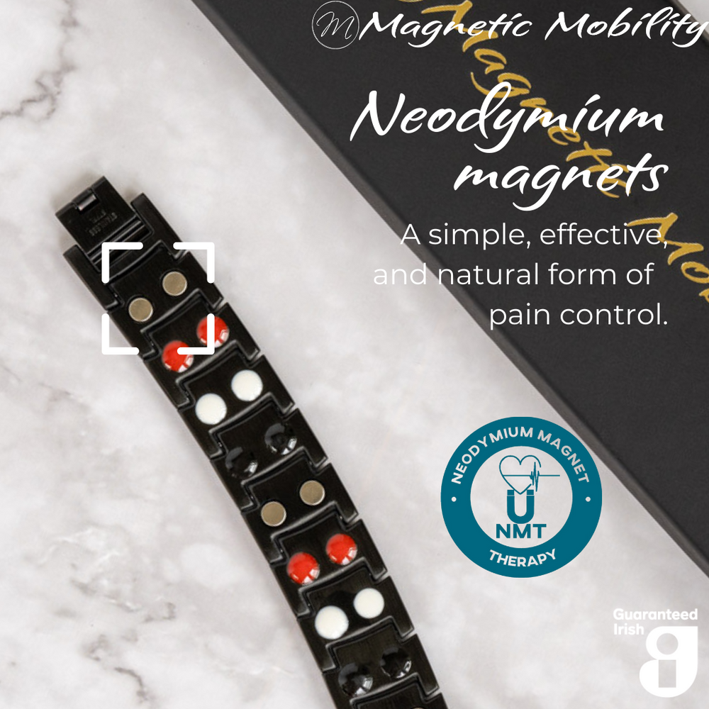 
                  
                    Load image into Gallery viewer, Ashe Night Double strength 4in1 magnetic bracelet from Magnetic Mobility, highlighting neodymium magnets which offer a simple, effective, and natural form of pain control. Perfect for alleviating arthritis, back pain, fibromyalgia, and more.
                  
                