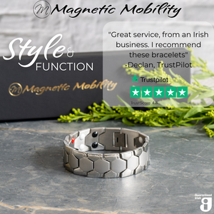 
                  
                    Load image into Gallery viewer, Front view of the Aster Star Double Strength 4in1 Magnetic Bracelet from Magnetic Mobility with a 5 star Customer review from Trustpilot stating &amp;quot;Great service from an Irish business. I recommend these bracelets&amp;quot;  
                  
                