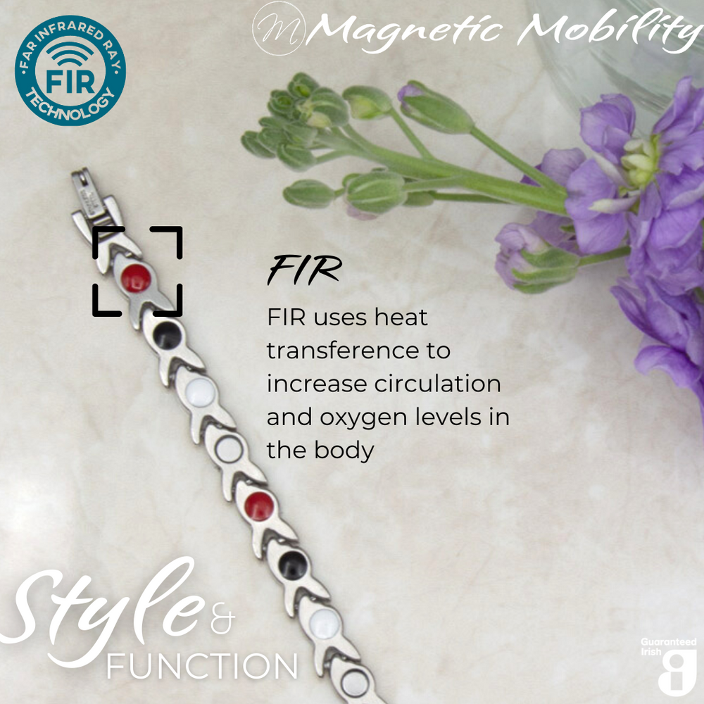 
                  
                    Load image into Gallery viewer, Virginia moon 4in1 magnetic bracelet from Magnetic Mobility, showcasing FIR technology which uses heat transference to increase circulation and oxygen levels in the body. Enhances overall wellness and pain relief.
                  
                