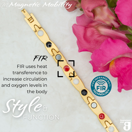 Snapdragon Sun 4in1 magnetic bracelet from Magnetic Mobility, showcasing FIR technology which uses heat transference to increase circulation and oxygen levels in the body. Enhances overall wellness and pain relief.