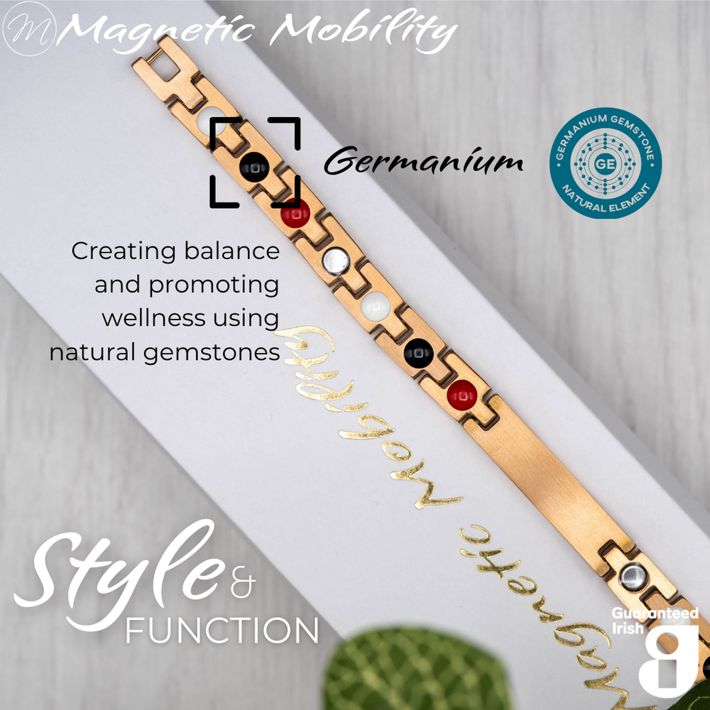 
                  
                    Load image into Gallery viewer, Honesty Dawn 4in1 magnetic bracelet by Magnetic Mobility, featuring germanium elements that promote balance and wellness using natural gemstones. Ideal for enhancing health and relieving various ailments.
                  
                