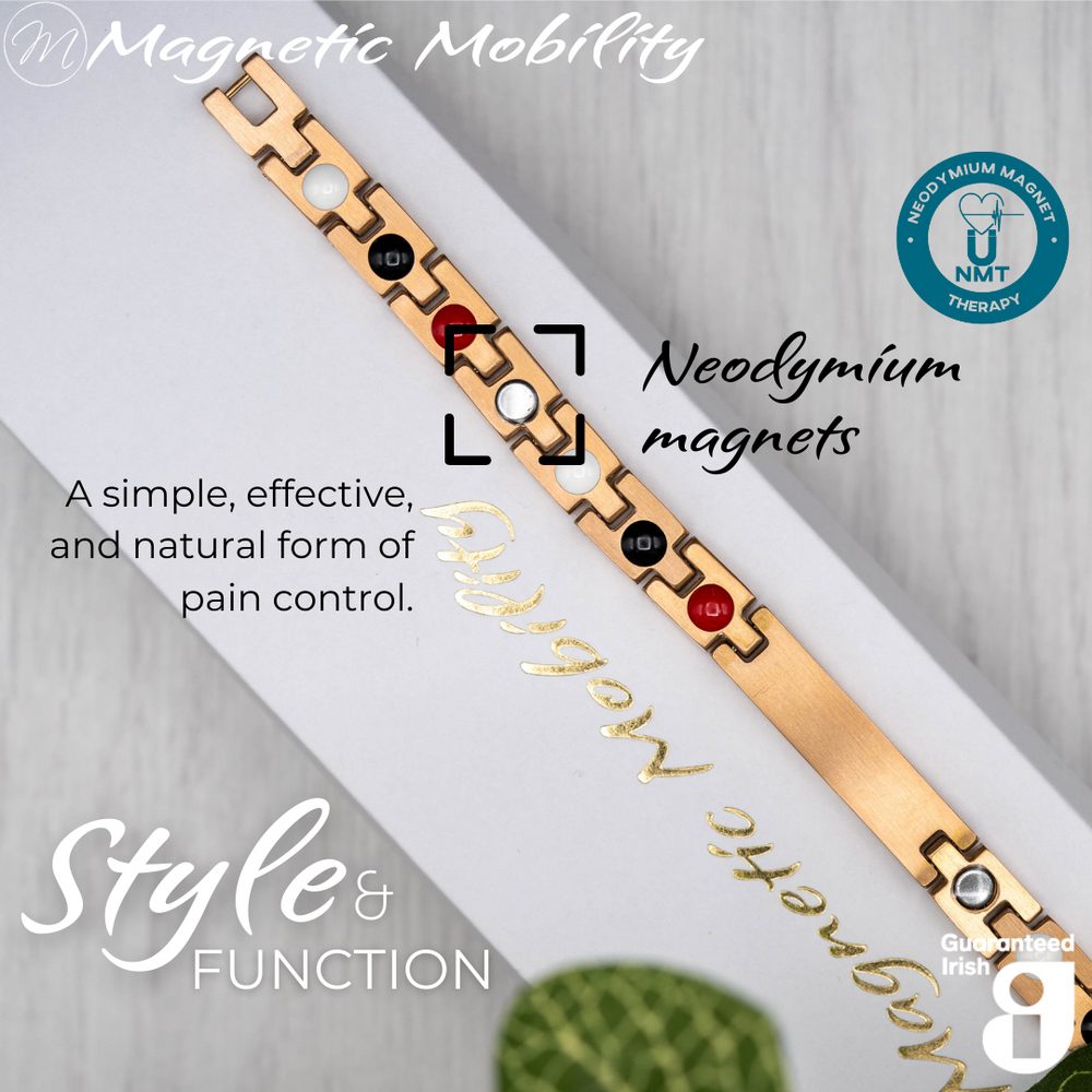 
                  
                    Load image into Gallery viewer, Honesty Dawn 4in1 magnetic bracelet from Magnetic Mobility, highlighting neodymium magnets which offer a simple, effective, and natural form of pain control. Perfect for alleviating arthritis, back pain, fibromyalgia, and more
                  
                